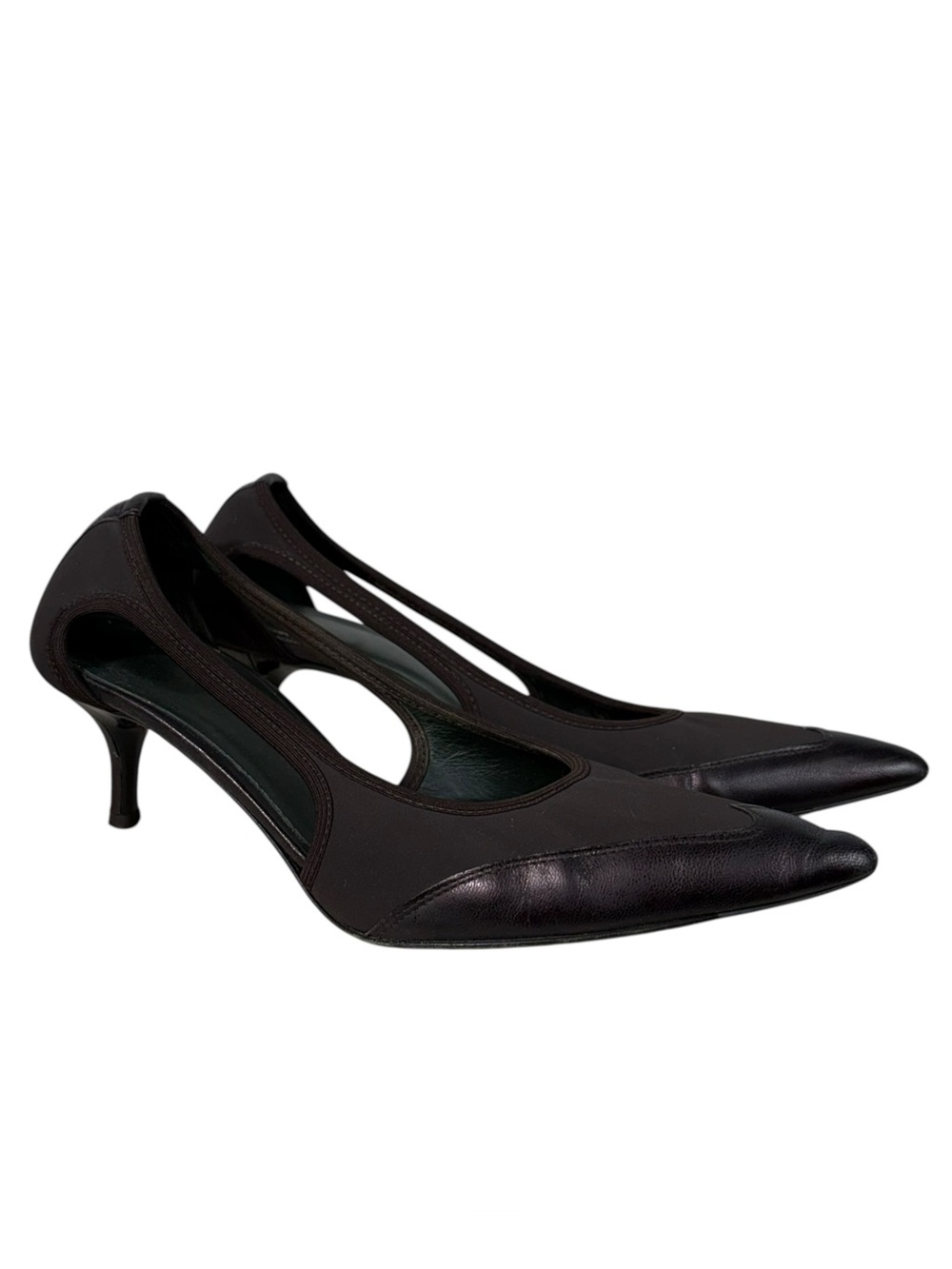 Donald J. Pliner Brown Patent Leather Knit Point Toe Kitten Heel Cutout Heels 8